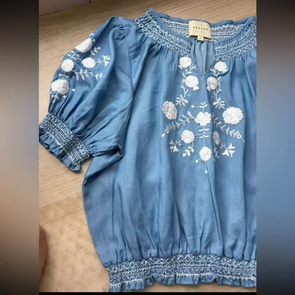 Sezane Blue Floral Embroidered Top 36 - Picture 7 of 9